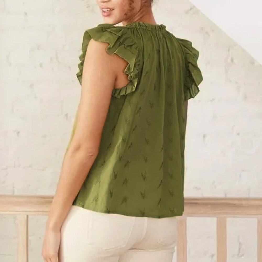 NWT Green Short Flutter-Sleeve Floral Embroidered Blouse - Women's Size XS Top - Picture 2 of 4